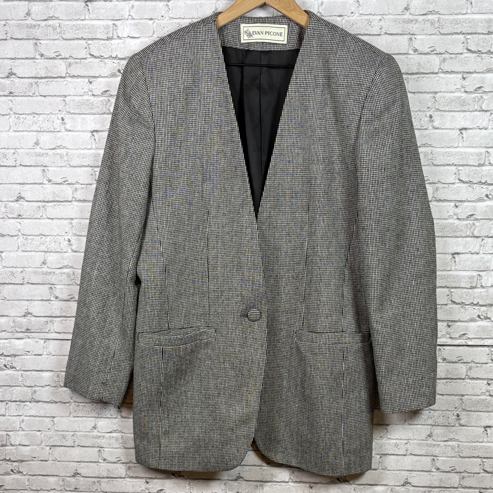 EVAN-PICONE Vintage Long Line Black Cream Tweed Collarless Blazer size 10
